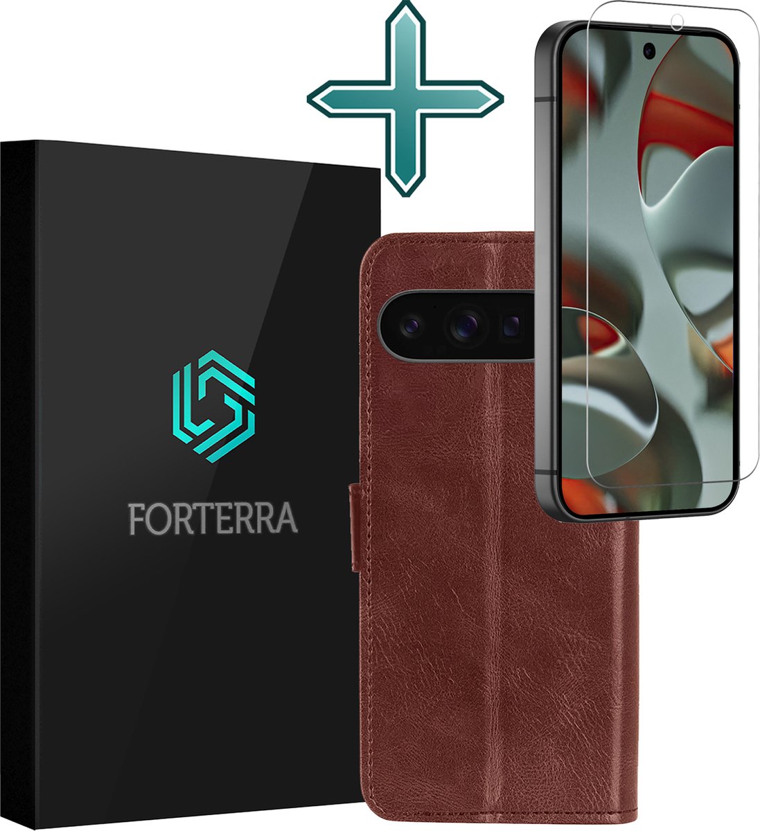 Hoesje Met Screenprotector - Geschikt voor Google Pixel 9 Pro - Luxe Pasjeshouder - Flipcase - Bookcase Portemonee - Flip Case - Kunstleer Book Case - Book Cover - Walletcase - Portemonneehoes - Bruin