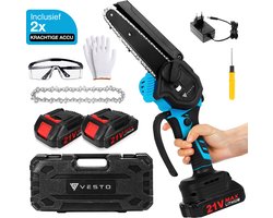 Vesto® Mini kettingzaag – Draadloos Inclusief 2 Led-Accu's – Heggenschaar Accu - Elektrisch Handkettingzaag - Snoeizaag - Takkenzaag - Handzaag - Boomzaag