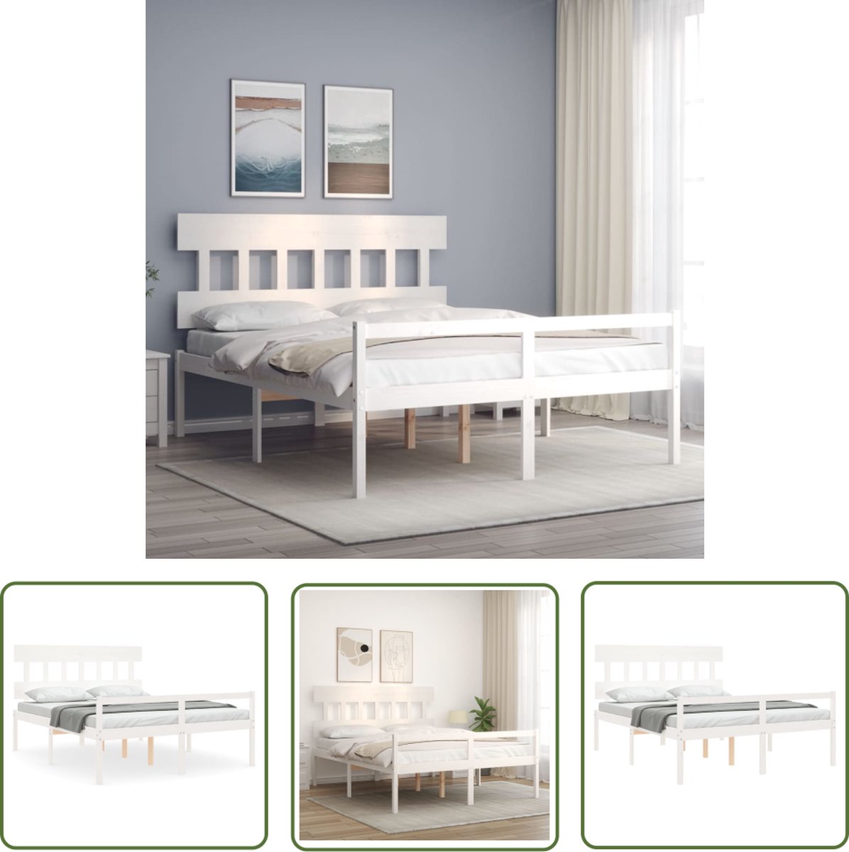 The Living Store Seniorenbed met hoofdbord massief hout wit 160x200 cm - Massief Hout Bed - Grenenhout Bed - Seniors Bed - Boxspring Bed - Tweepersoons Bed