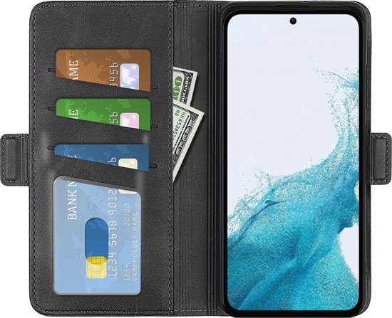 Zwarte wallet case met vakjes voor kaarten en geld, en telefoon met blauw-groen scherm.