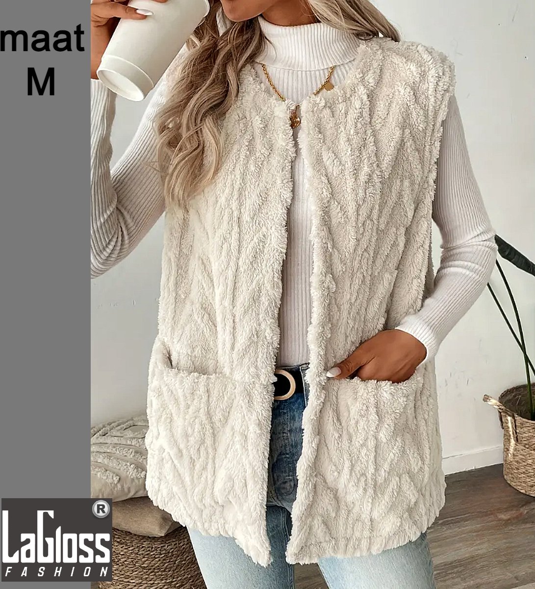 LaGloss® Mouwloos Vest Teddy Crème - Bodywarmer Pluche - Modieuze Winter Bodywarmer - Maat M