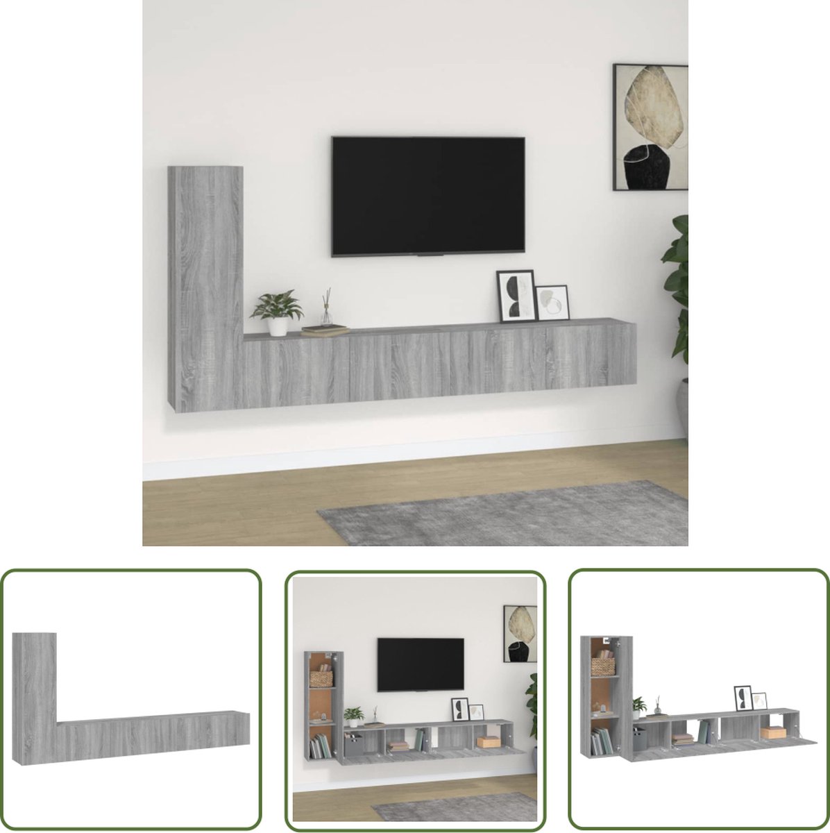 vidaXL Tv Kasten Set - Televisiescherm Meubel - 3-delige Tv-meubelset bewerkt hout grijs sonoma eikenkleurig - Houten Tv Meubilair - Grijze Tv Kast - Sonoma Eiken Tv Kast