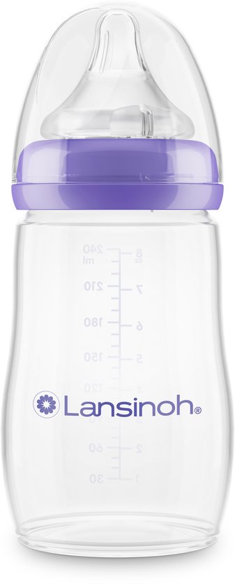 Lansinoh NaturalWave babyfles van 240 ml met paarse ring en transparante speen.