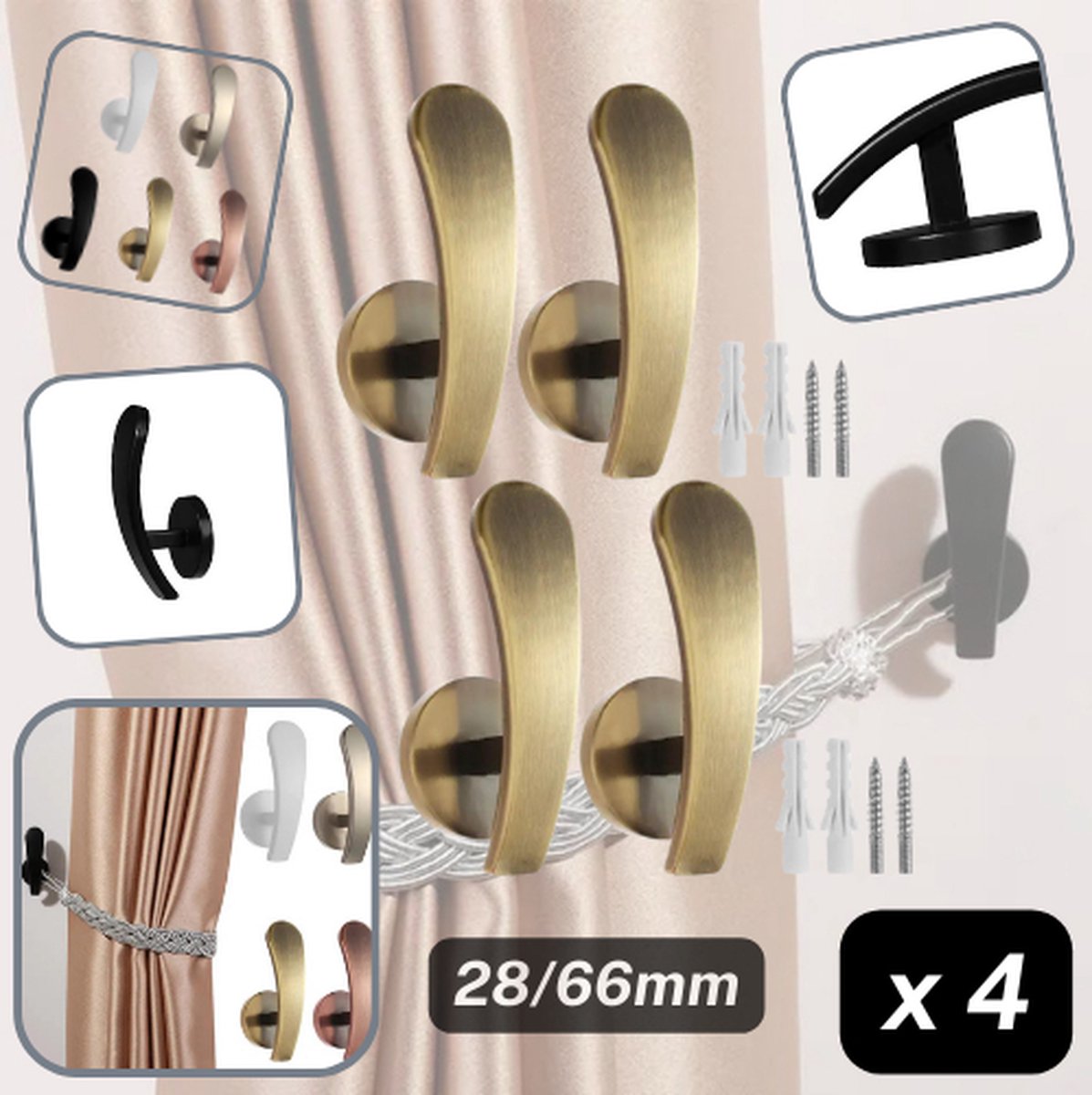Set van 2 PAAR LUXE METALEN GORDIJNHOUDERS/EMBRASSES GORDIJN/GORDIJNHAKEN, Maat 28x66MM, Kleur BRONS