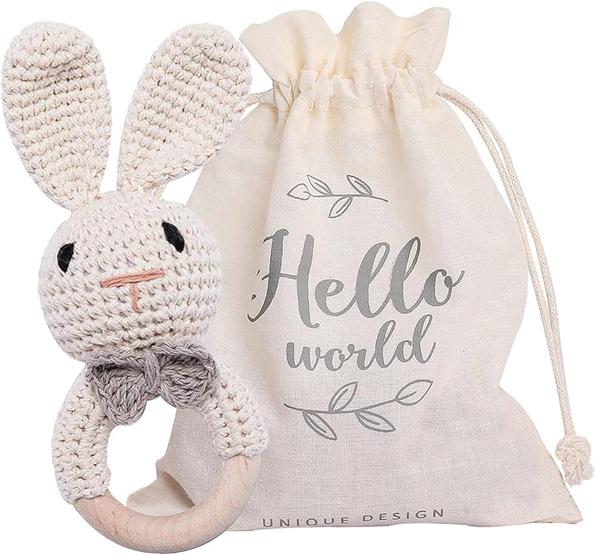 Houten Baby Rammelaar met Gehaakte Dierenring voor Baby Ontwikkeling