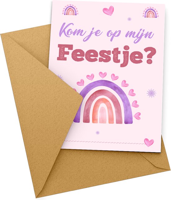 Uitnodiging Kinderfeestje + Enveloppen 10 stuks - Thema Roze Regenboog - Beschrijfbaar - Uitnodiging verjaardag - Jongen of meisje - Uitnodigingskaarten - kraft envelop - Verjaardag Feest