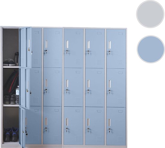 Grijze metalen locker met 18 lichtblauwe deuren. Twee linker deuren zijn open.