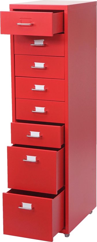 Rode ladekast met acht laden, waarvan vier deels openstaan, met zilverkleurige handgrepen.