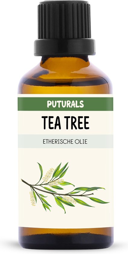 Amberkleurige fles Puturals Tea Tree Etherische Olie met afbeelding van een tak met groene bladeren en witte bloemen.