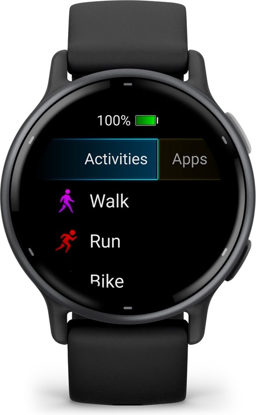 Zwart Garmin sporthorloge met Activities-menu: Walk, Run, Bike.