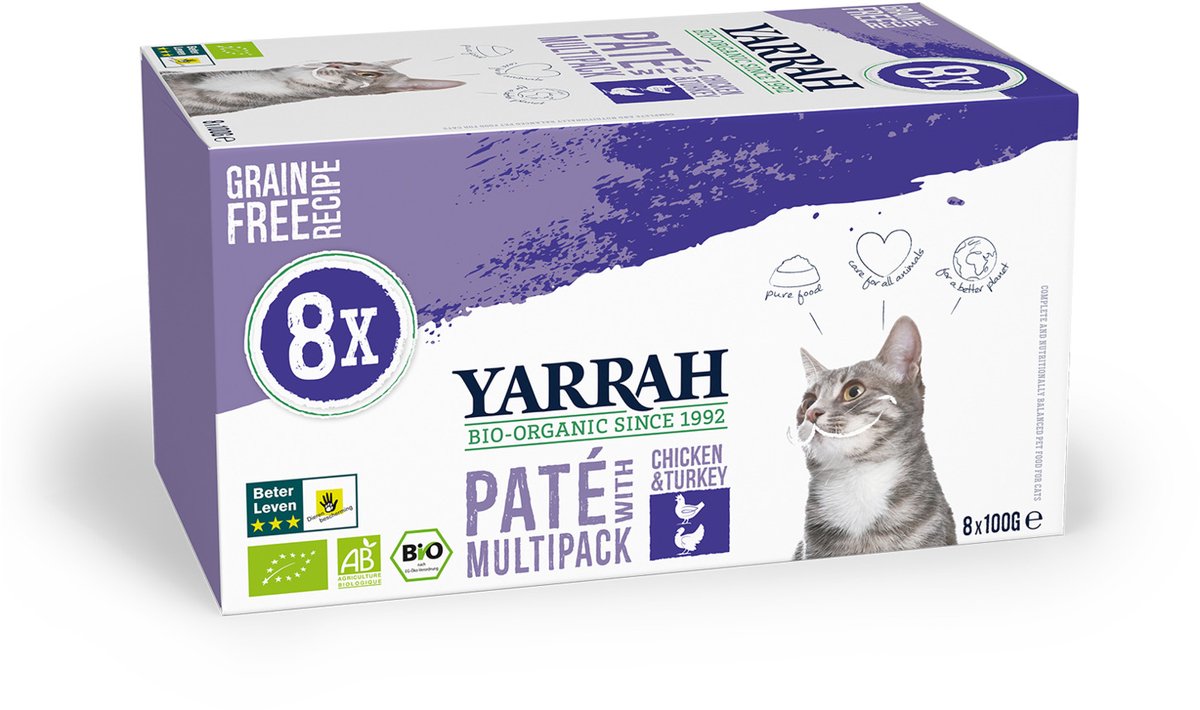 Yarrah Bio Kattenvoer Multipack Paté Graanvrij Kip&Kalkoen 8 x 100 gr