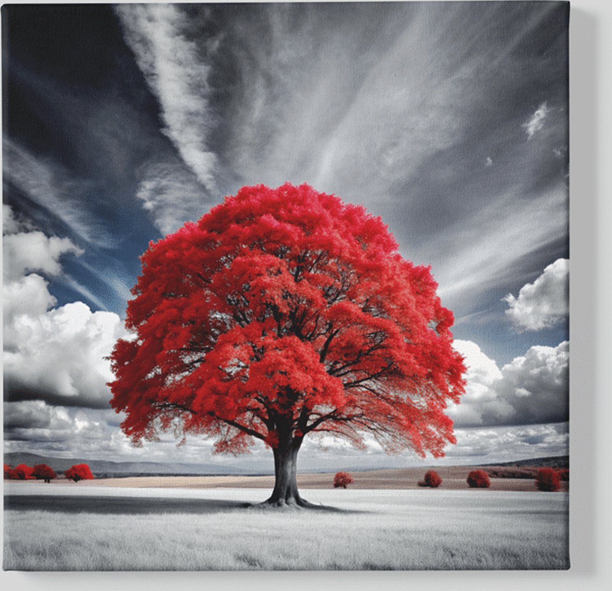 Trendex Global Vierkant Canvas Schilderij - Rode Boom - Landschap - 40x40x2 cm Rood