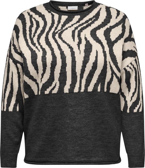 ONLY CARMAKOMA CARJADE ANIMAL L/S O-NECK KNT NOOS Dames Trui - Pirate Black Whitecap Gray