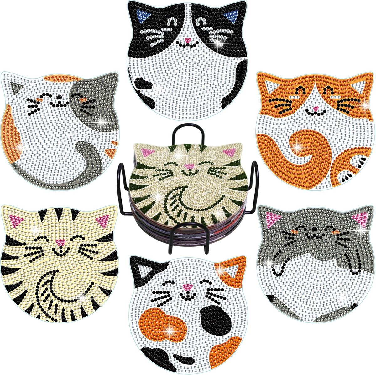 BOTC Diamond Painting - Onderzetters met Houder - Set van 6 - Pakket Volwassenen en Kinderen - Cadeau - katten