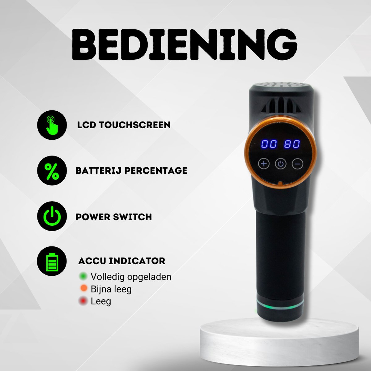 Afbeelding 3 van SALE - FORFIT Massage Gun - Black Gold-Copper – 30 Standen en 6 Opzetstukken – Draadloos en stil – Professioneel Massage apparaat- Massage Pistool