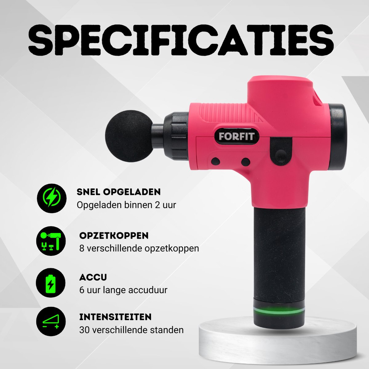 Afbeelding 2 van SALE - FORFIT Massage Gun Hot & Cold - Pink – 30 Standen en 8 Opzetstukken – Draadloos en stil – Professioneel Massage apparaat- Massage Pistool - Warmte en Koude therapie