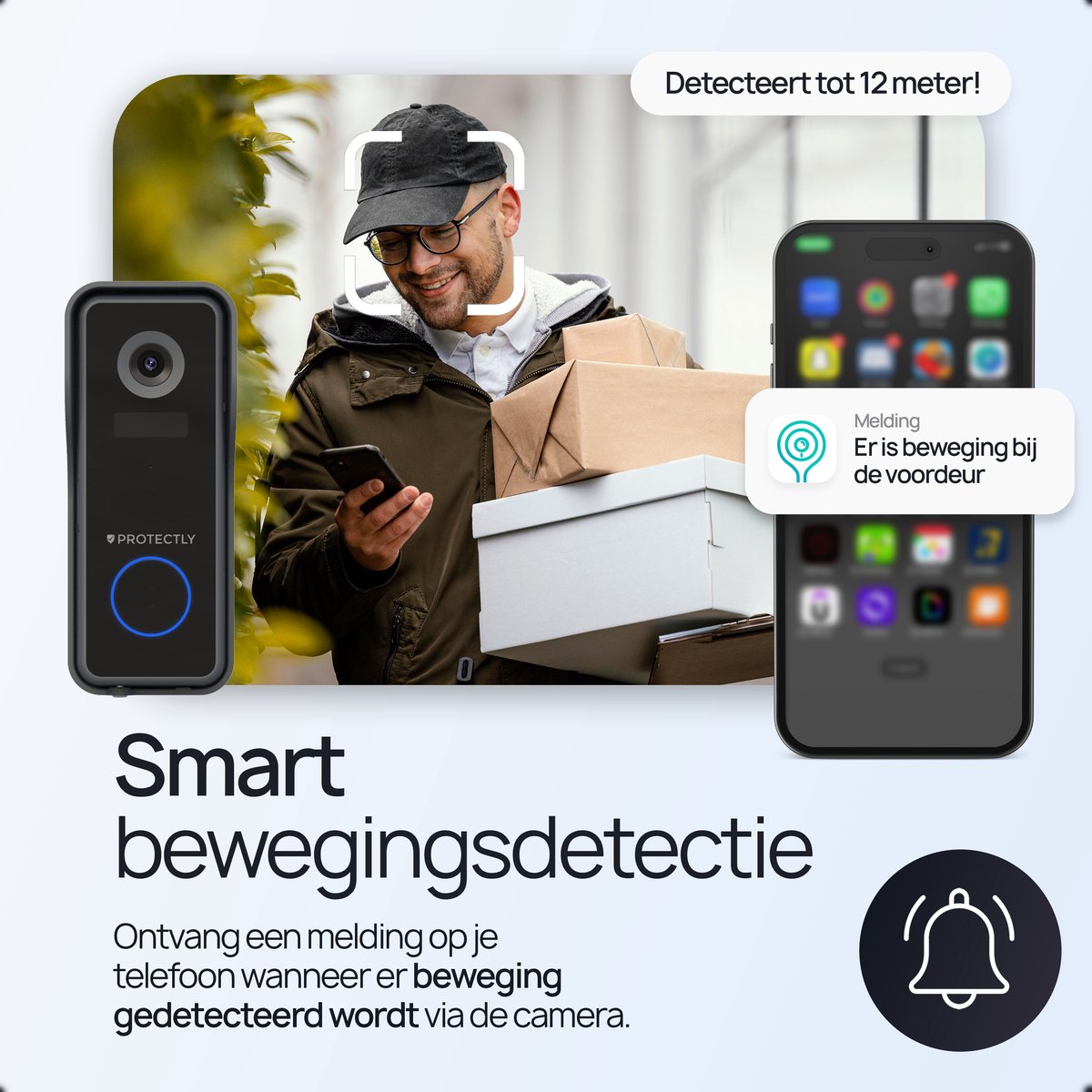 Afbeelding 2 van Protectly® Slimme Draadloze Video Deurbel Met Camera - 2K Ultra HD - Deurbellen Met Camera - Deurbel Draadloos WiFi - Waterdicht - Incl. Gong - Incl. 64GB SD - Geen abonnement