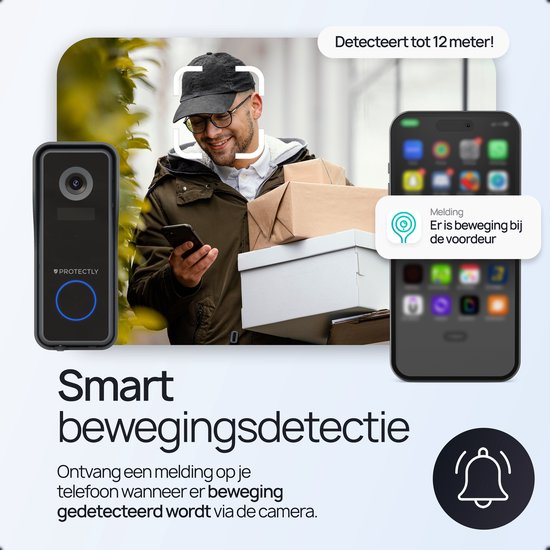 Sonnette vidéo intelligente sans fil Protectly® avec caméra - Sonnette sans fil - 2K Ultra HD - Geen abonnement - Incl. carillon sans fil - Incl. Carte SD de 64 Go