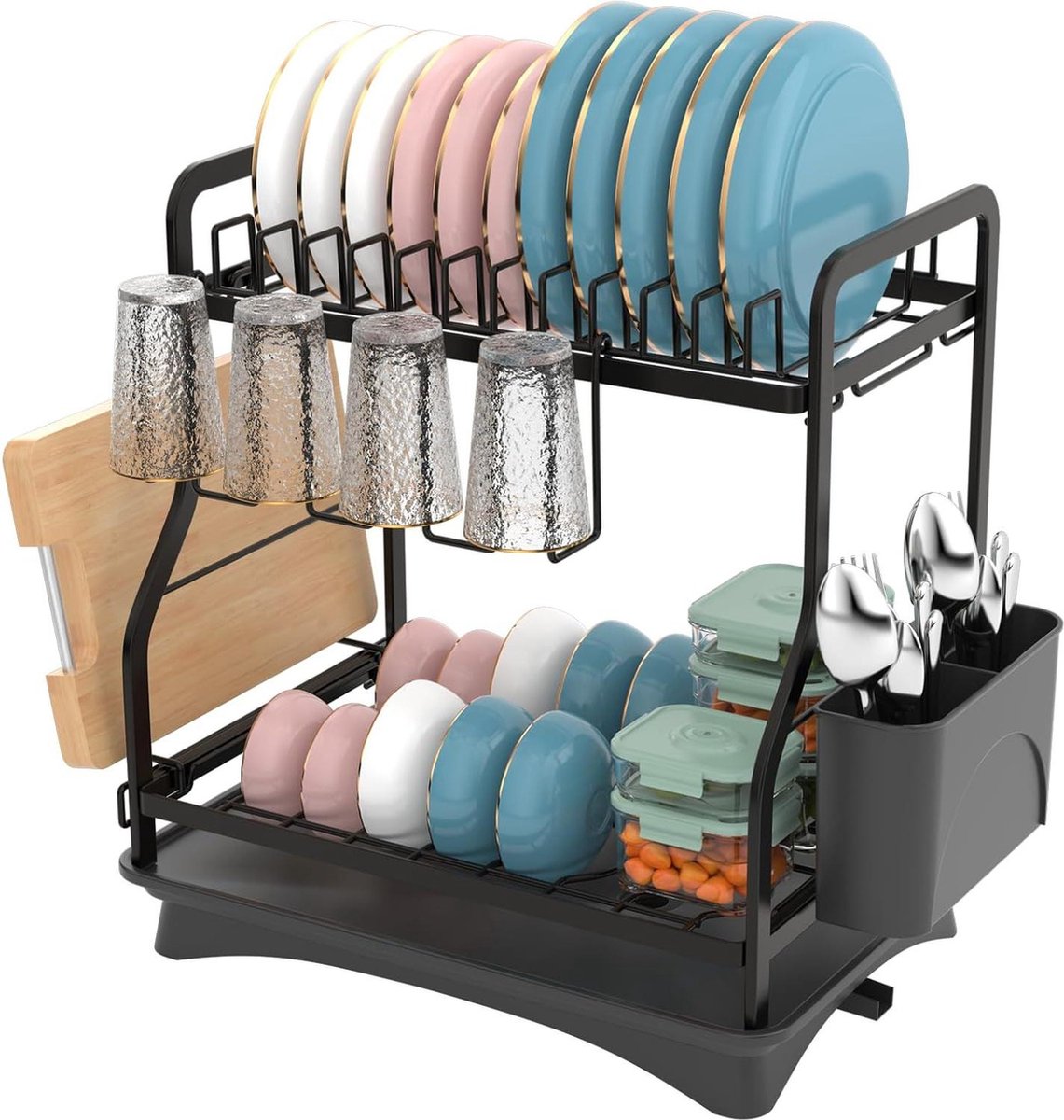 Goedkoopste Afdruiprek met 2 niveaus en afneembare haak - Keukenafdruiprek met snijplankhouder en afwasmand