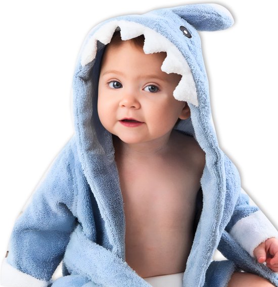 Peignoir Enfant BoefieBoef Requin Bleu Bébé & Tout-Petit 0-2 Ans (Max 85 cm) - Éponge Coton Doux avec Capuche Animal - Serviette Peignoir Absorbante pour Garçons & Filles - Carnaval, Cadeau Anniversaire & Maternité - après le Bain & la Natation