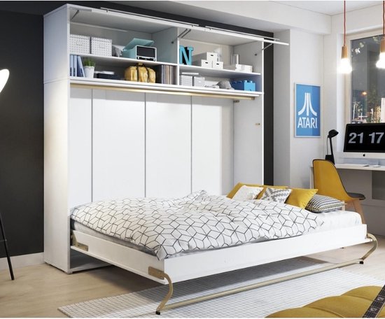 Kastbed Bed Concept, wandklapbed met lattenbodem, V-bed, wandbed, bedkast, kast met geïntegreerd klapbed, functioneel bed (BC-04, 140 x 200 cm, wit/wit hoogglans, horizontaal