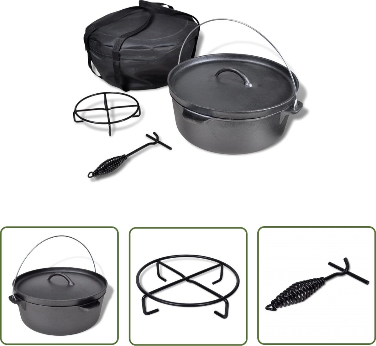 The Living Store Gietijzeren braadpan - 11.3 L - 43 x 40.5 x 19.5 cm - Zwart