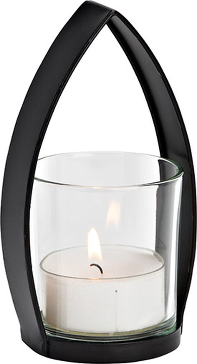 Zwarte Kaarsenhouder met windlicht van metaal/glas/ G.Wurm