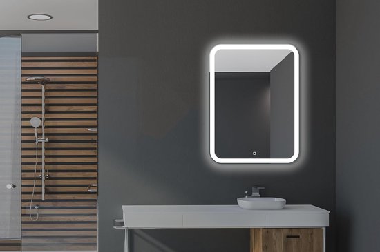homewell Badkamerspiegel, grote wandspiegel met verlichting, badkamerspiegel, wandspiegel, badkamer, A , touch-lichtschakelaar, 50 x 70 cm