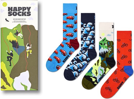 Geschenkdoos Happy Socks met vier paar sokken: golven, fietsen, bergen en auto's.