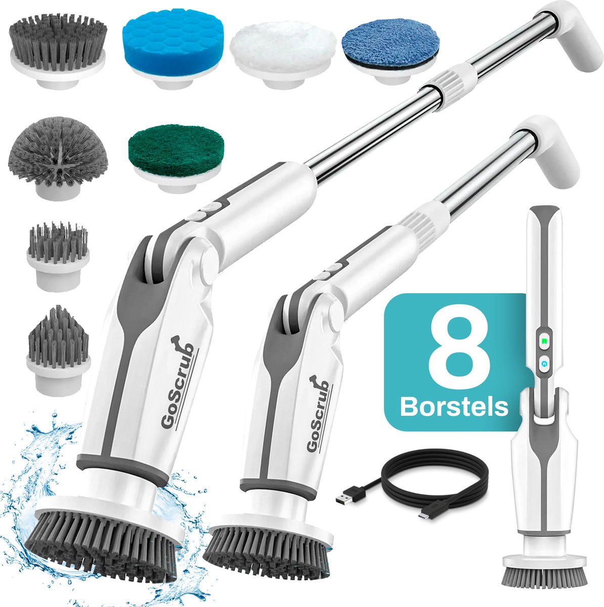 Goedkoopste GoScrub® Elektrische Schoonmaakborstel – Cleaning Hero V1 – Wit - Schrobber Met Steel – Poetsmachine – Schrobborstel – Voor Badkamer en Keuken – 8 Opzetstukken