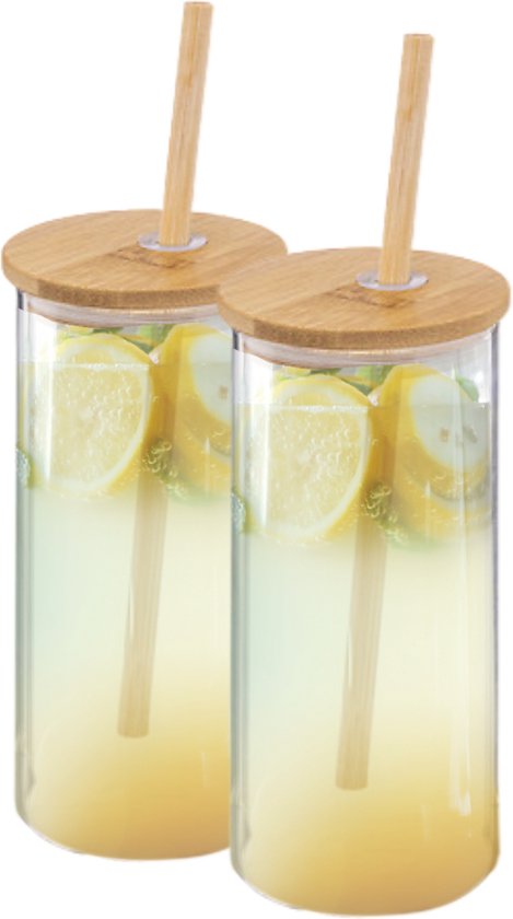 Foto: Otix drinkglazen met bamboo deksel en rietje 2 stuks 400 ml waterglazen