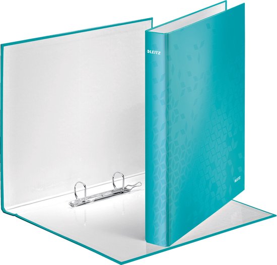 Turquoise Leitz ringband, A4+ formaat, opengeklapt met 2 D-ringen en witte binnenkant.