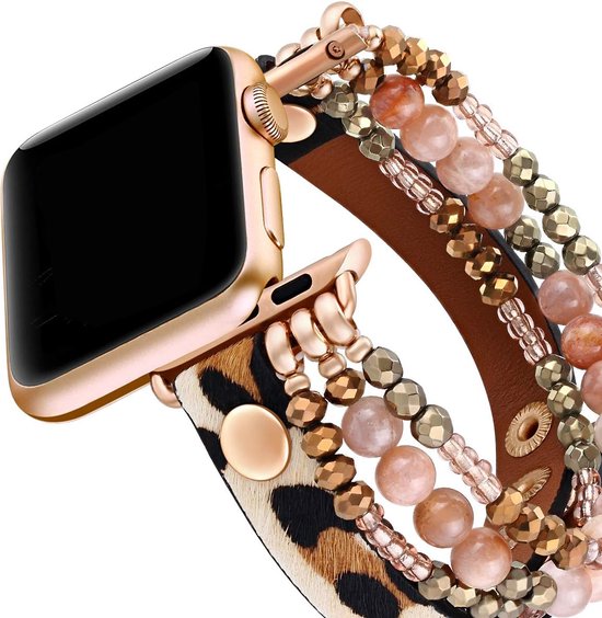 Bracelet de Perles de style Boho pour Apple Watch Band série 10 42 mm/41 mm/40 mm/38 mm – Léopard – Bande élastique extensible faite à la main Mode femme pour remplacement de bracelet iWatch
