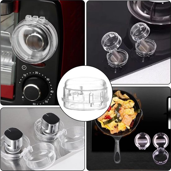 Showcase van transparante knopafdekkingen op diverse fornuizen en ovens. Bevat ook een close-up van de afdekking en een afbeelding van een kookpan.