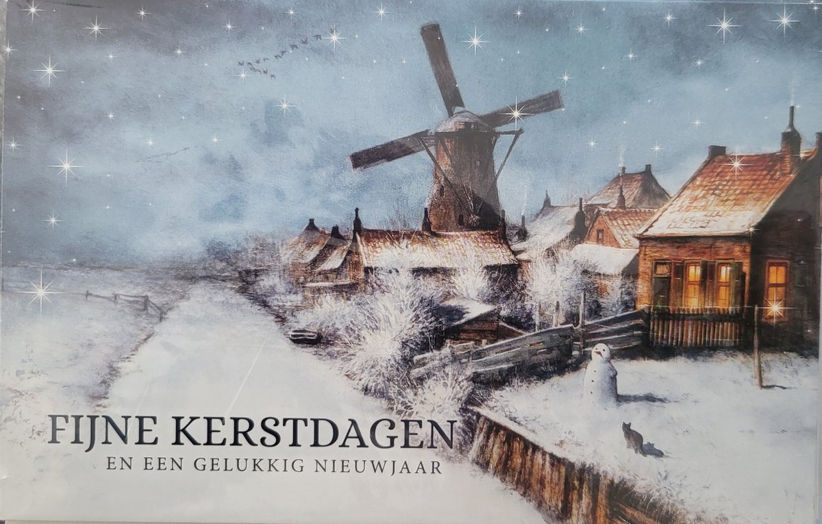 Kerstkaarten Hollandse molen - Rien Poortvliet - 8 dubbele kerstkaarten met 8 enveloppen - molen met sneeuw