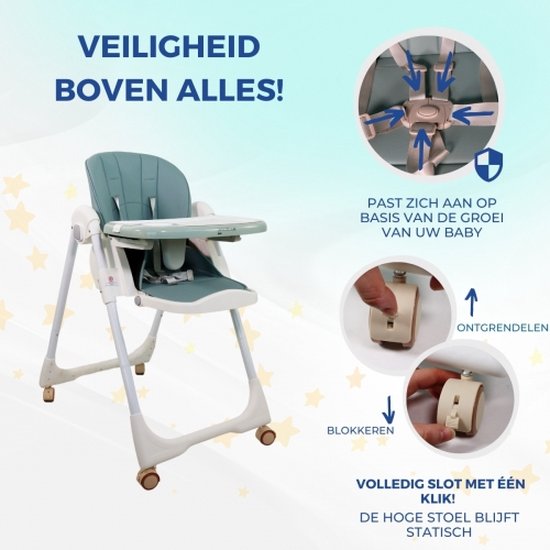 Mobiclinic Simba Kinderstoel met wielen - In hoogte verstelbaar - Inklapbaar - Verwijderbaar blad - Verstelbaar Baby Eetstoel - Steunharnas - 5-puntsgordel - Wielen met rem - Wasbare en afneembare stof - Kinderzitje van Mobiclinic — afbeelding 5