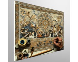 Line art vermeer schilderij | Abstracte lijnen dansen in de wereld van Vermeer's kleuren | Kunst - 100x100 centimeter op Forex | Foto op Forex