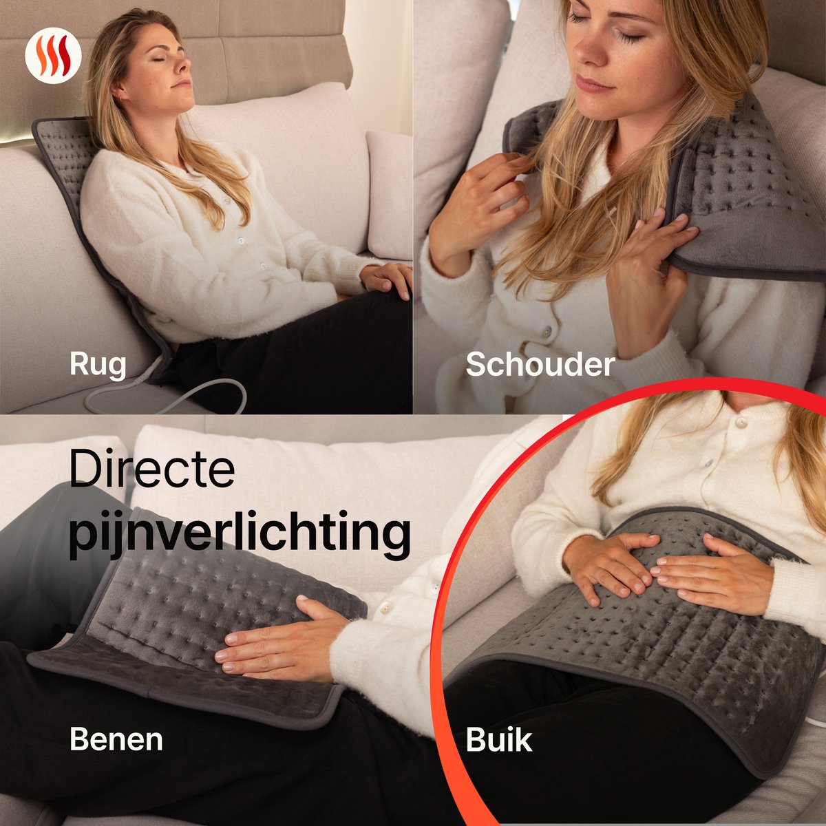 Seranova Elektrisch Warmtekussen voor Rug, Voeten, Nek, Schouders, Buik - Heating Pad - Verwarmingskussen - Wasmachine - 60x30cm - Donkergrijs — afbeelding 7