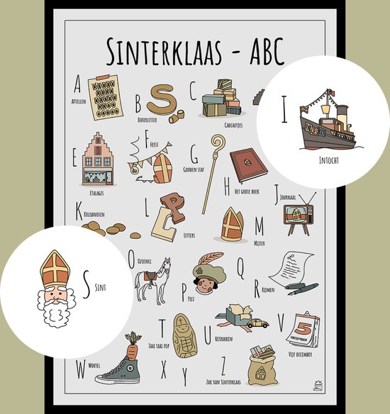 Sinterklaas ABC poster met illustraties van een schoen, Sint, boot en huis.