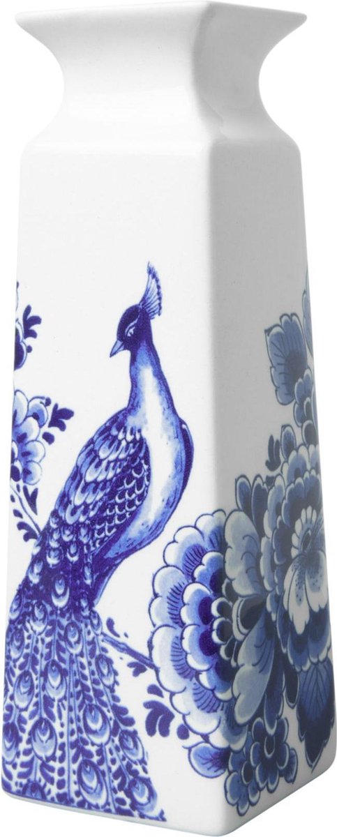 Heinen Delfts Blauw - Vierkante vaas 'Bloem en pauw' (Groot)