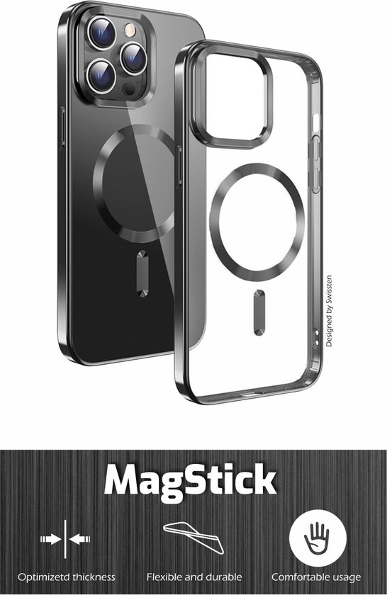 Coque transparente avec bords métalliques pour iPhone 16 Pro, avec cercle MagSafe et logo "MagStick".