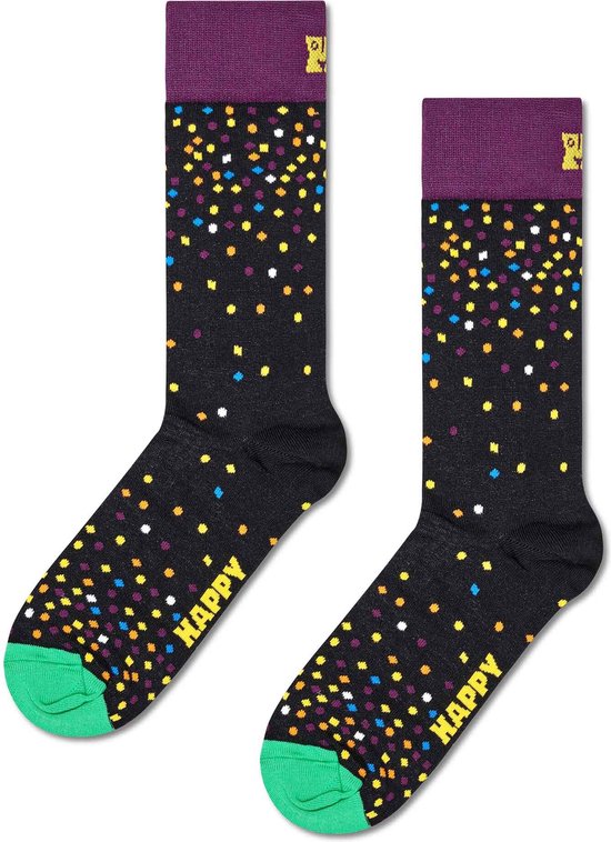 Zwarte sokken met confetti-print, paarse boorden en groene tenen, met de tekst 'Happy'.