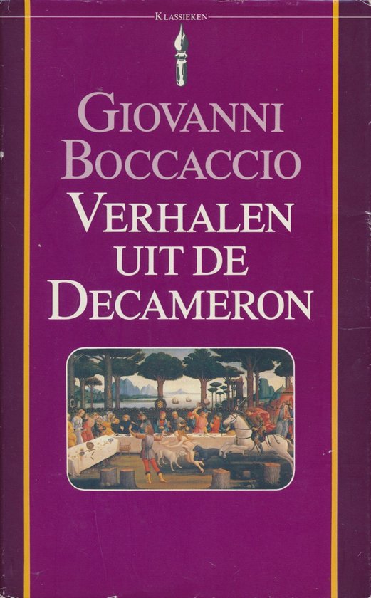 Boek kaft met de titel 'Verhalen uit de Decamerone' in sierlijke letters. Een schilderij van een banket is afgebeeld.