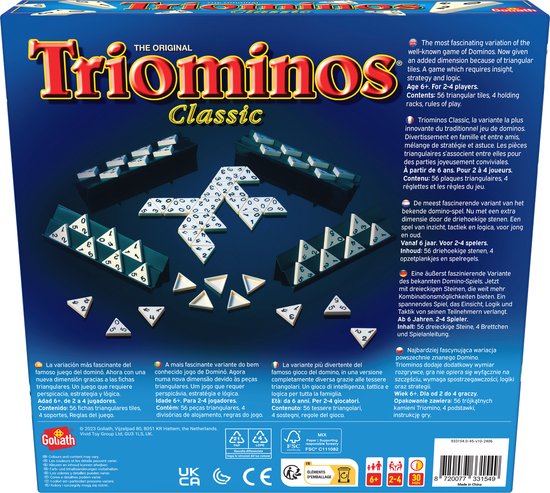 Achterkant van de Triominos Classic speldoos met illustraties van de tegels, spelers en spelbeschrijvingen.