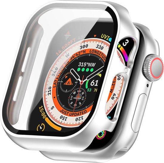 Zilverkleurige Apple Watch case met helder display, rode knop en zilverkleurige kroon. De watch toont een kompas op het scherm.