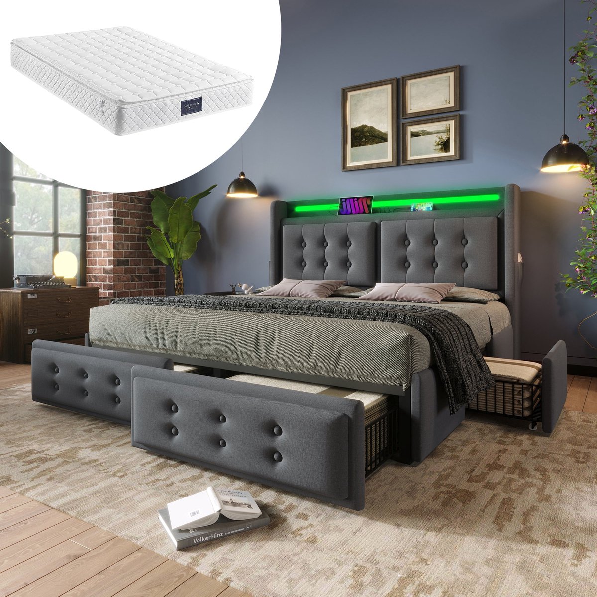 Merax Gestoffeerd Tweepersoonsbed met Koudschuim Matras 140x200 - Luxe Bed met Verlichting in Hoofdbord en USB-C Aansluiting - 4 Opberglades - Grijs