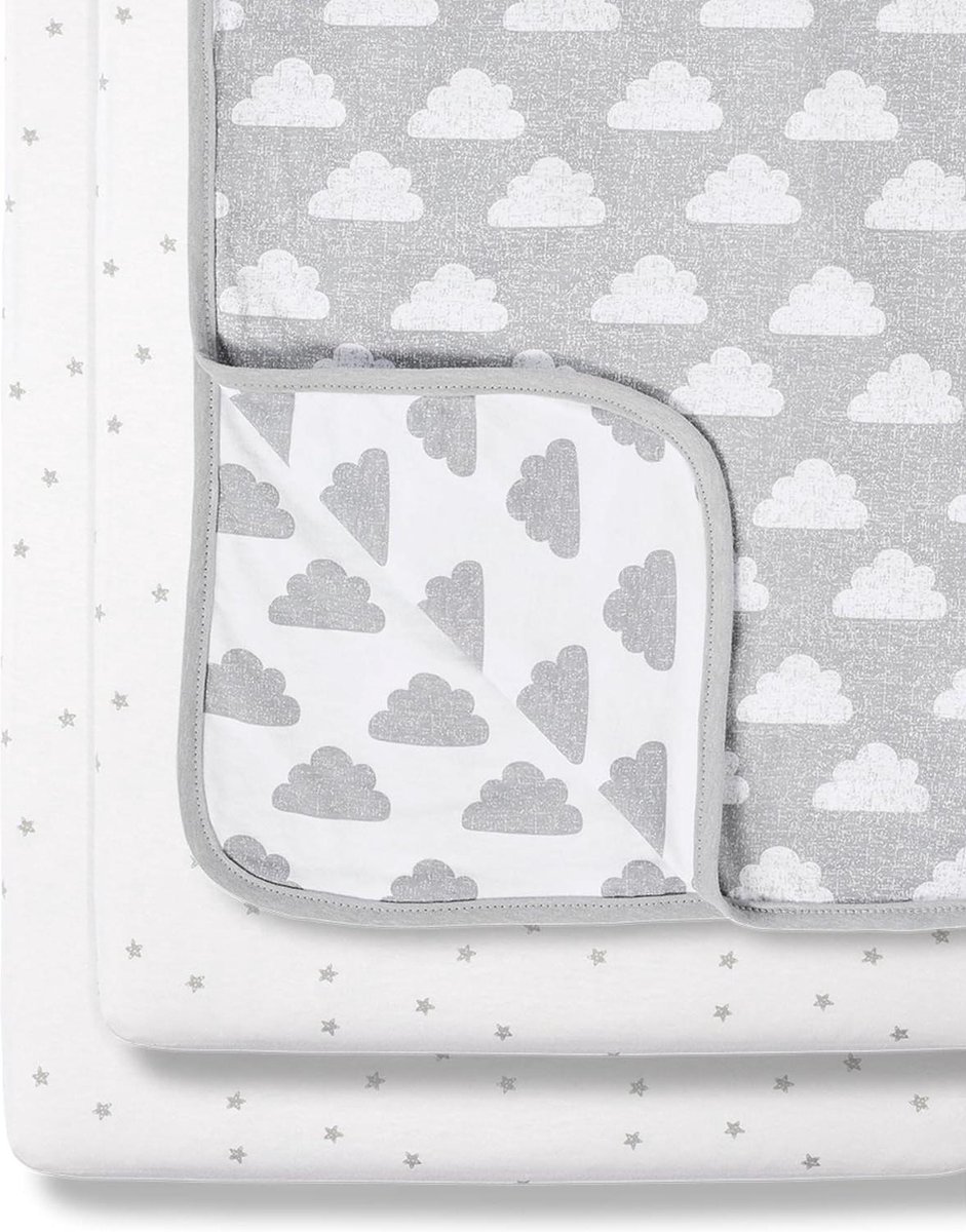 Image of 3-delige wiegbeddengoedset 100% jerseykatoen grijze en witte deken wieglakens Cloud Nine