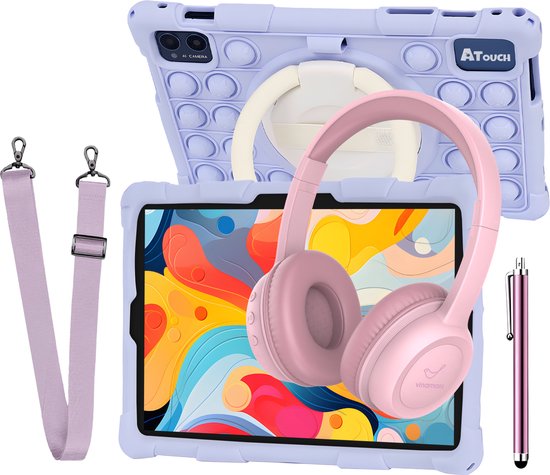 ATouch kindertablet met pop-it hoes, roze koptelefoon, paarse schouderriem en pen. Alles in één pakket.