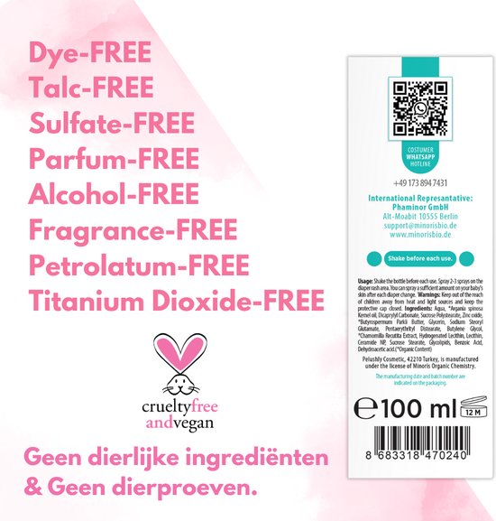 Minoris Baby Luieruitslag Spray, Snelle Verlichting met Zinkoxide & Biologische Inhoud, Zinkzalf Spray, Hypoallergeen, Geurvrij, Veilig voor Gevoelige Huid, Verzacht & Voorkomt Luieruitslag, Dermatologisch Getest, 100 ml