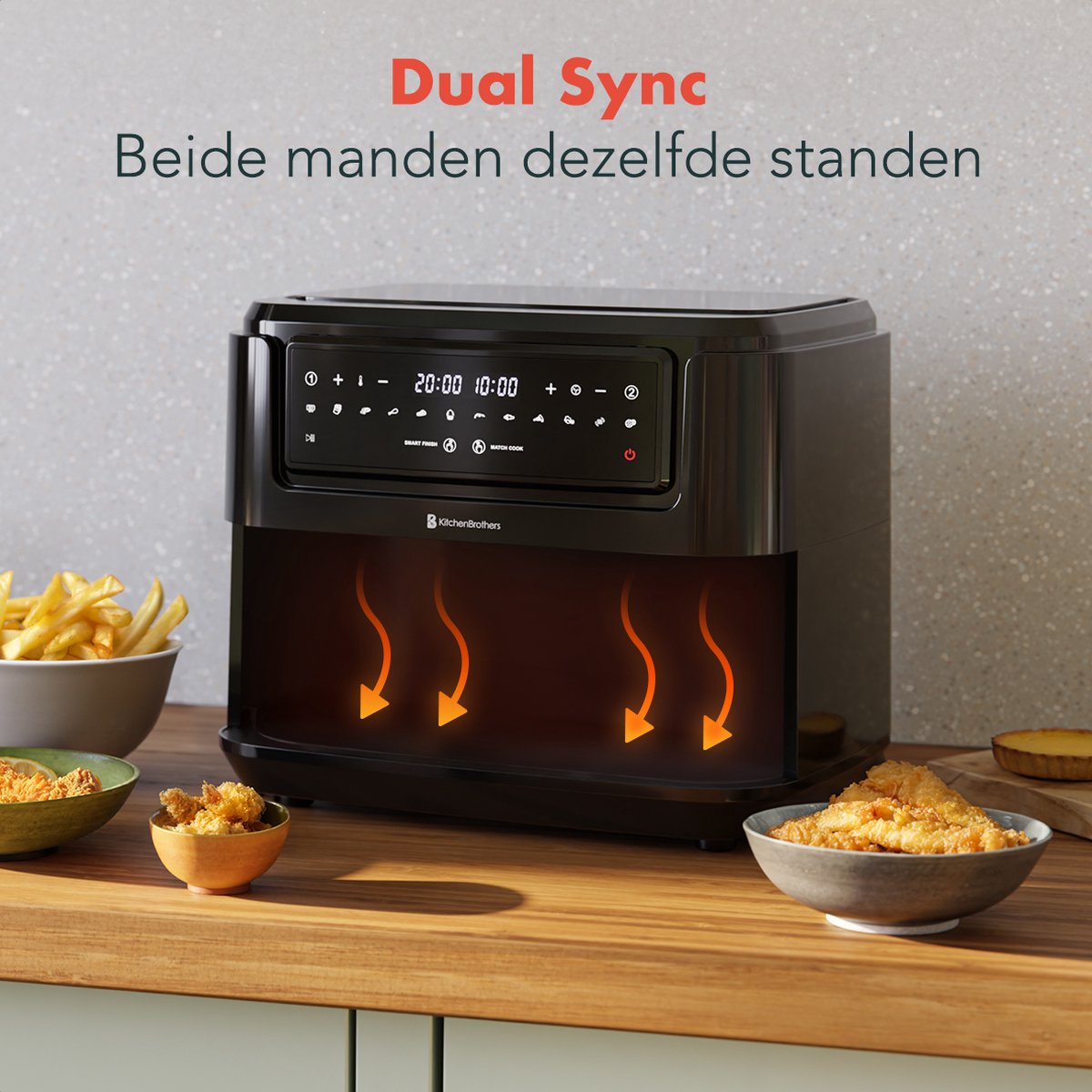 KitchenBrothers Dubbele Airfryer - PFAS-Vrij - 2400W - Dual Zone - 9L - Snackverdeler - Heteluchtfriteuse - Airfryer XXL - 10 Kookprogramma's - Zwart — afbeelding 7